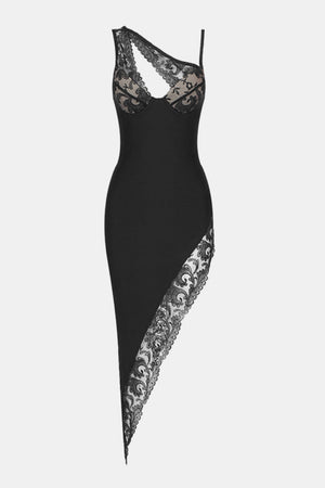 Black Midi Bodycon Asymmetric Lace Birthday Dress with a keyhole neckline - Violetta Chevalier